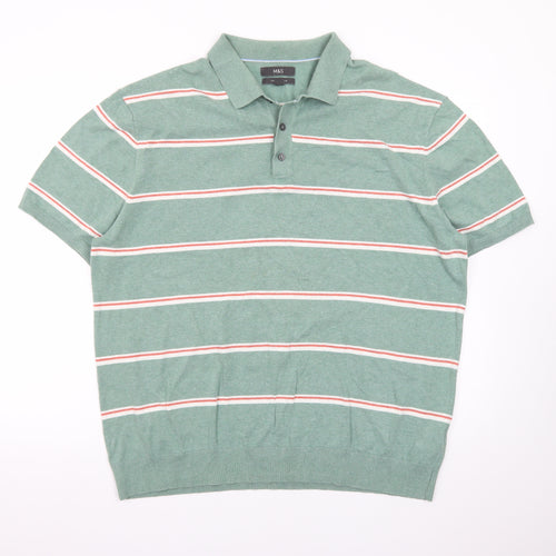 Marks and Spencer Men’s Green Striped Cotton Polo Shirt 2XL Regular Fit