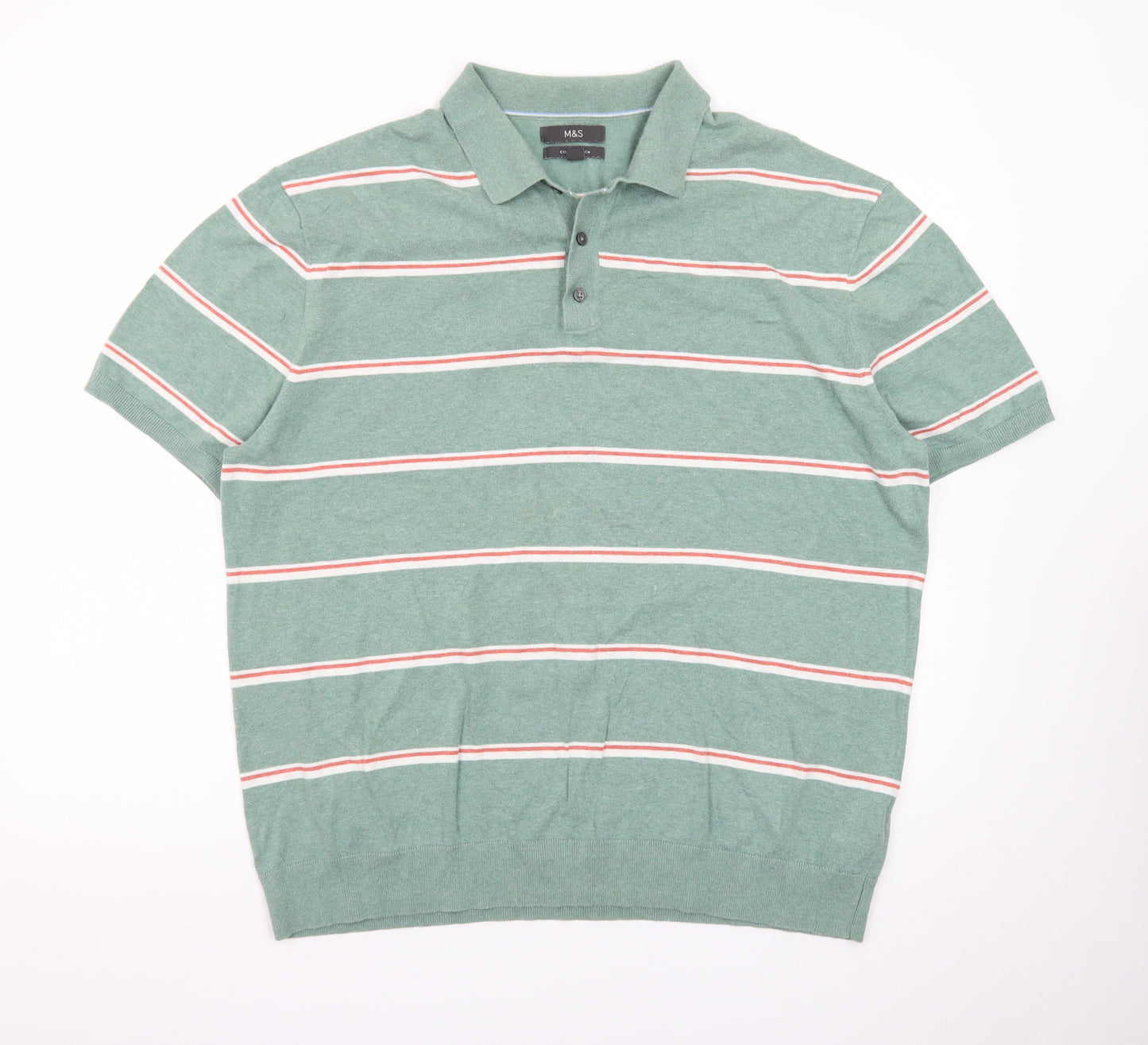 Marks and Spencer Men’s Green Striped Cotton Polo Shirt 2XL Regular Fit