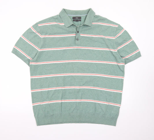 Marks and Spencer Men’s Green Striped Cotton Polo Shirt 2XL Regular Fit