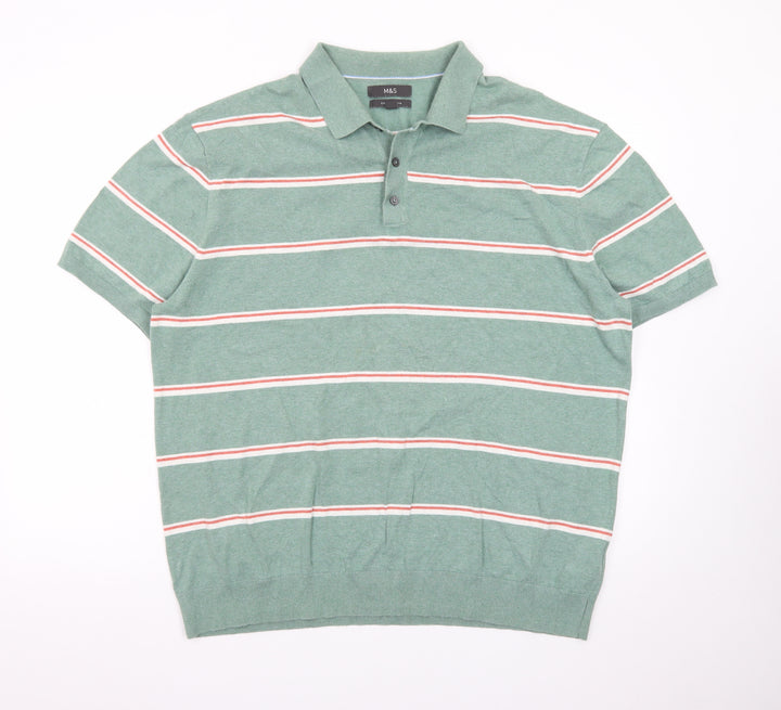 Marks and Spencer Men’s Green Striped Cotton Polo Shirt 2XL Regular Fit