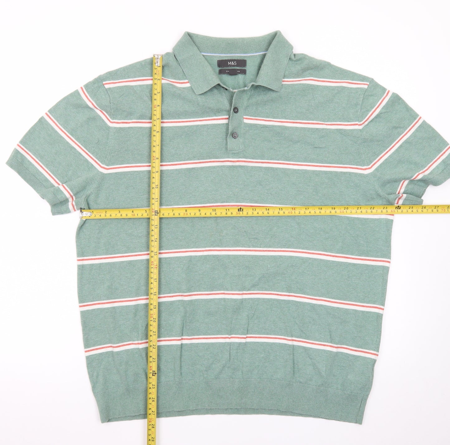 Marks and Spencer Men’s Green Striped Cotton Polo Shirt 2XL Regular Fit