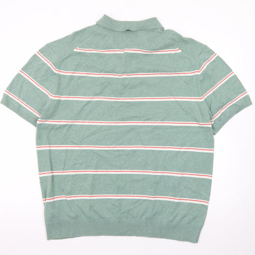 Marks and Spencer Men’s Green Striped Cotton Polo Shirt 2XL Regular Fit