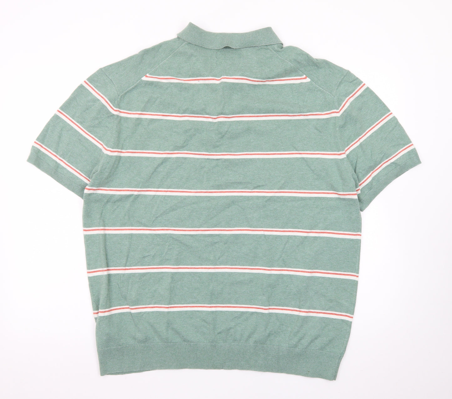 Marks and Spencer Men’s Green Striped Cotton Polo Shirt 2XL Regular Fit