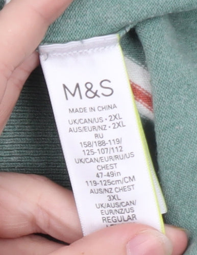 Marks and Spencer Men’s Green Striped Cotton Polo Shirt 2XL Regular Fit