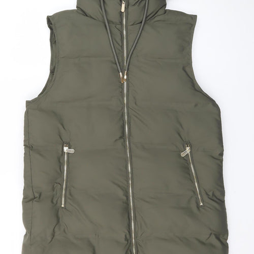 Zara Women's Green Long Hooded Puffer Waistcoat Size 14