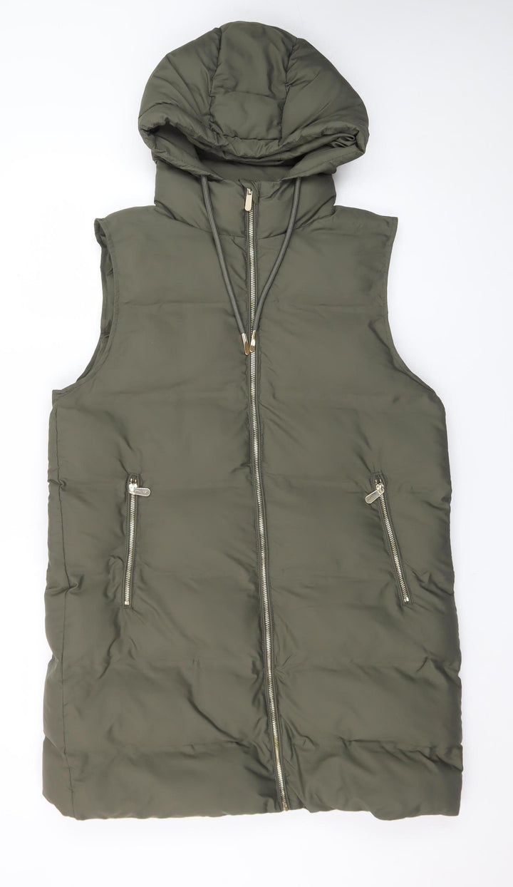 Zara Women's Green Long Hooded Puffer Waistcoat Size 14