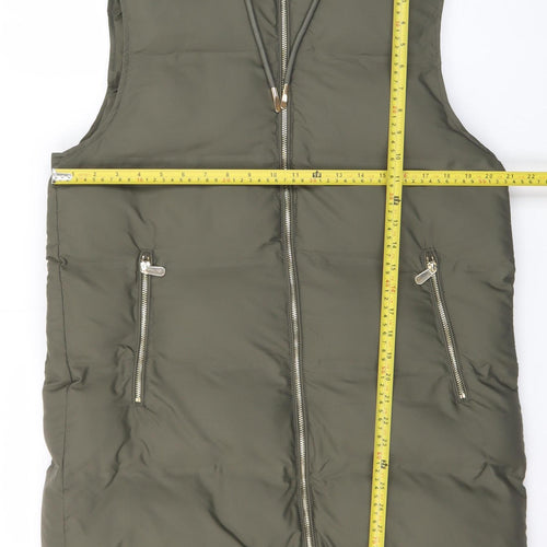 Zara Women's Green Long Hooded Puffer Waistcoat Size 14