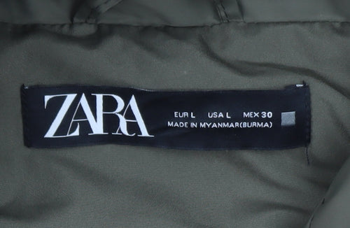 Zara Women's Green Long Hooded Puffer Waistcoat Size 14