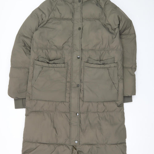 Zara Women’s Green Long Puffer Coat XS Quilted Winter Jacket