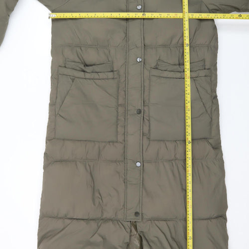 Zara Women’s Green Long Puffer Coat XS Quilted Winter Jacket