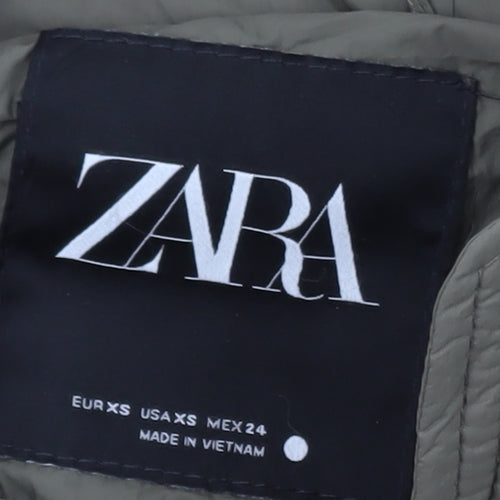 Zara Women’s Green Long Puffer Coat XS Quilted Winter Jacket