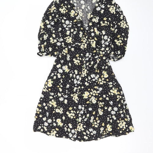 Miss Selfridge Women's Black Floral Wrap Short Dress Size 10