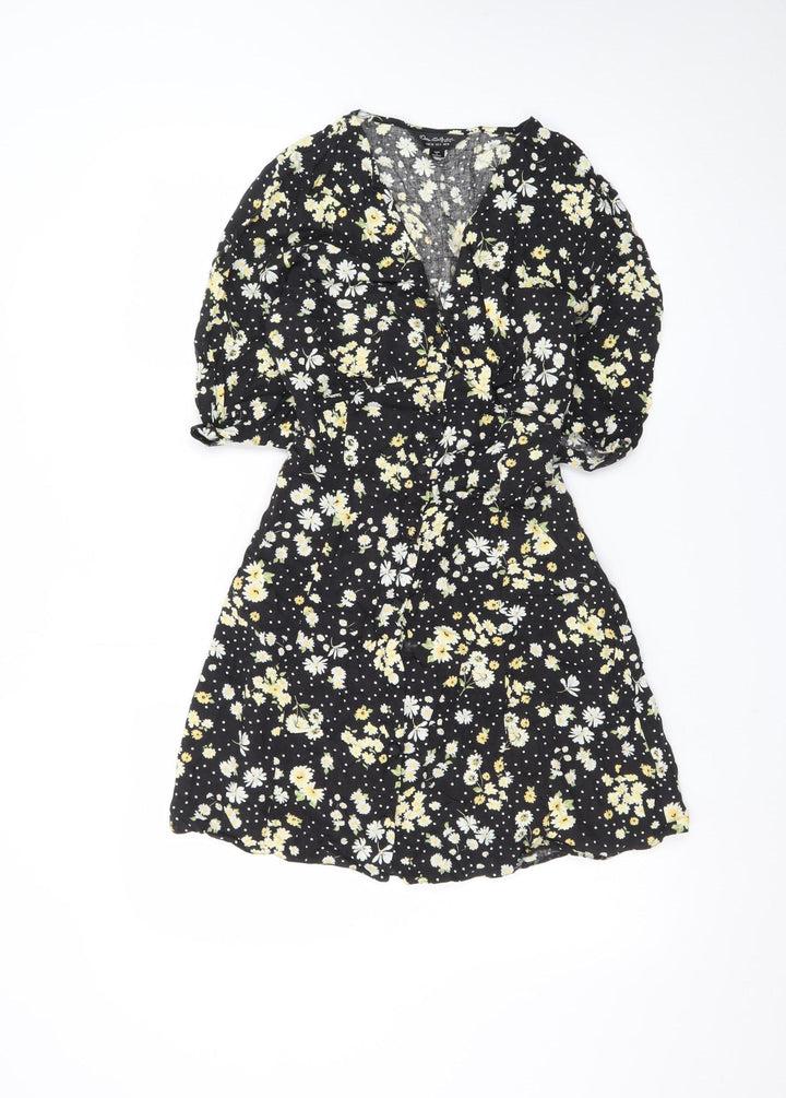 Miss Selfridge Women's Black Floral Wrap Short Dress Size 10