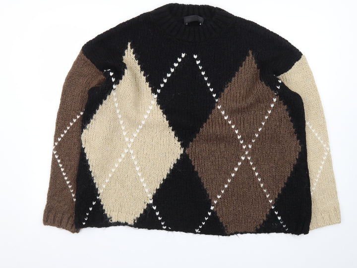 Zara Womens Black Argyle Chunky Knit Pullover Jumper Size M