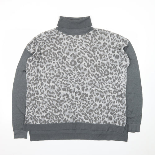 Oasis Womens Grey Leopard Roll Neck Long Sleeve Jumper M