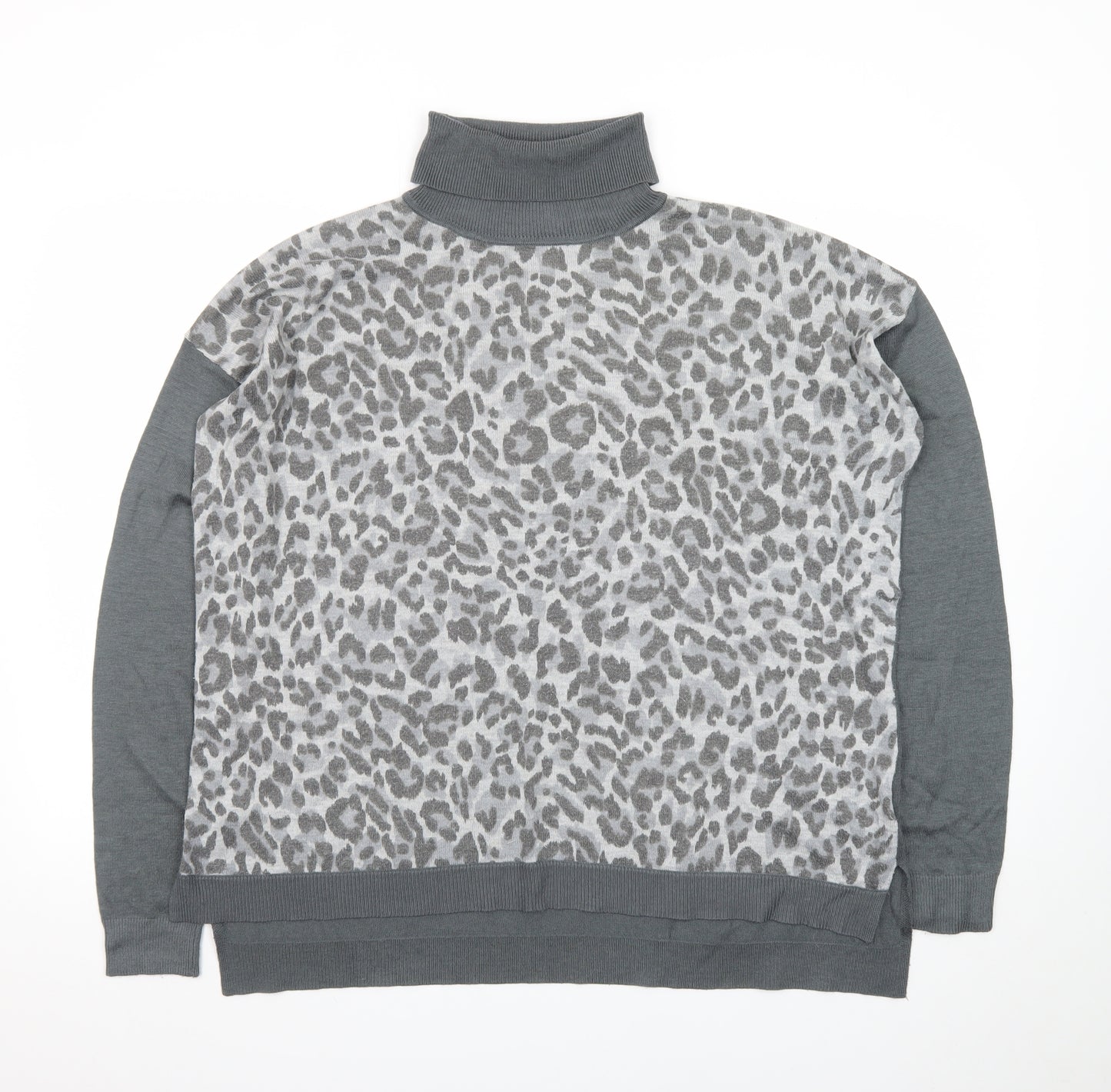 Oasis Womens Grey Leopard Roll Neck Long Sleeve Jumper M