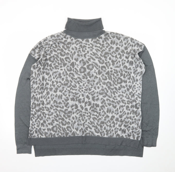 Oasis Womens Grey Leopard Roll Neck Long Sleeve Jumper M