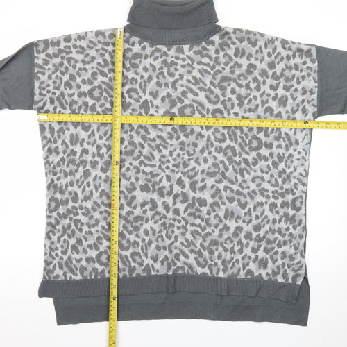 Oasis Womens Grey Leopard Roll Neck Long Sleeve Jumper M