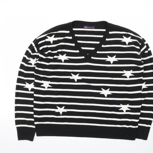 Marks and Spencer Women's Black V-Neck Star Stripe Jumper Size 16