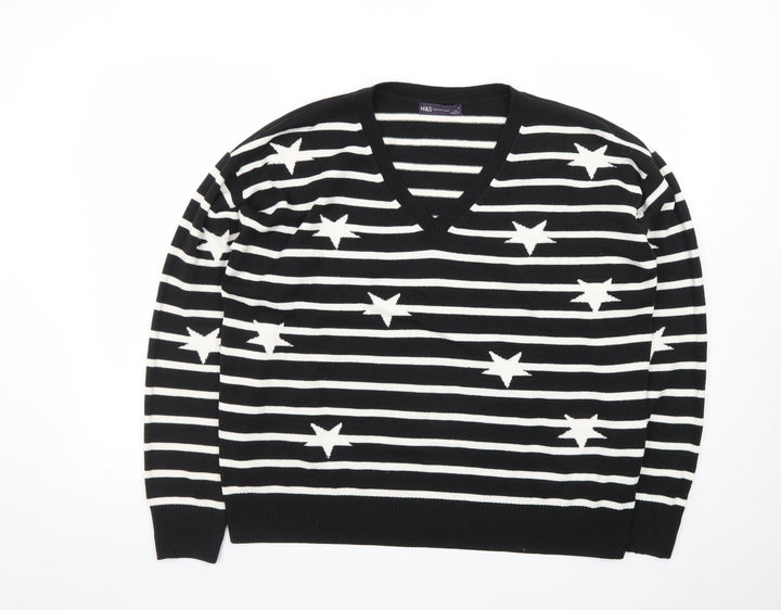Marks and Spencer Women's Black V-Neck Star Stripe Jumper Size 16