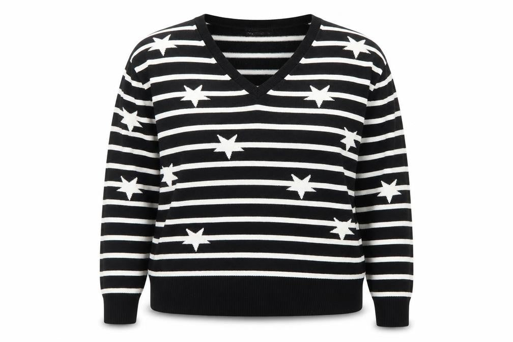 Marks and Spencer Women's Black V-Neck Star Stripe Jumper Size 16