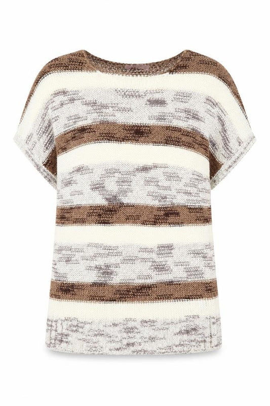 Front view of Marks & Spencer Per Una women’s brown striped short sleeve knit jumper, size UK 10