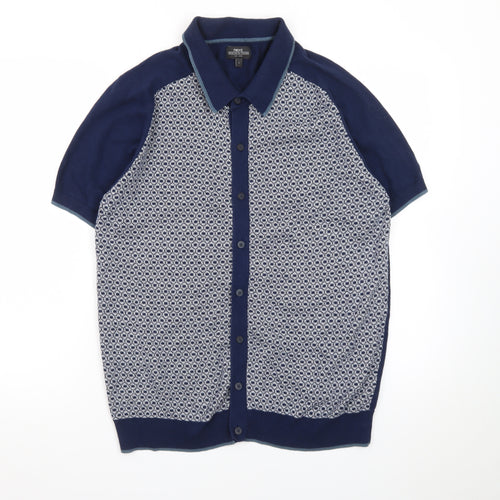 Next Men’s Blue Geometric Cotton Knit Polo Shirt Size L