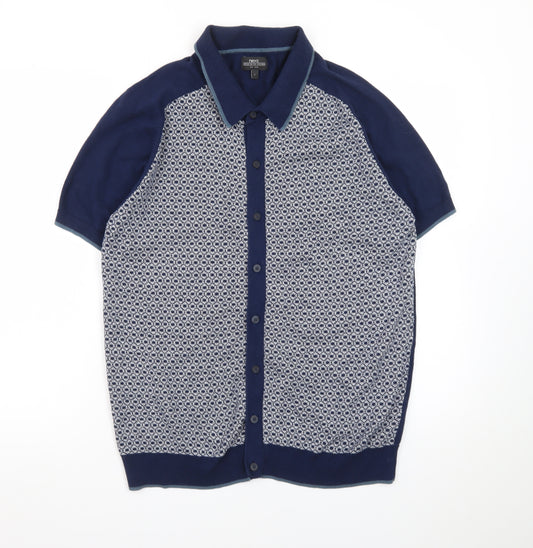 Next Men’s Blue Geometric Cotton Knit Polo Shirt Size L