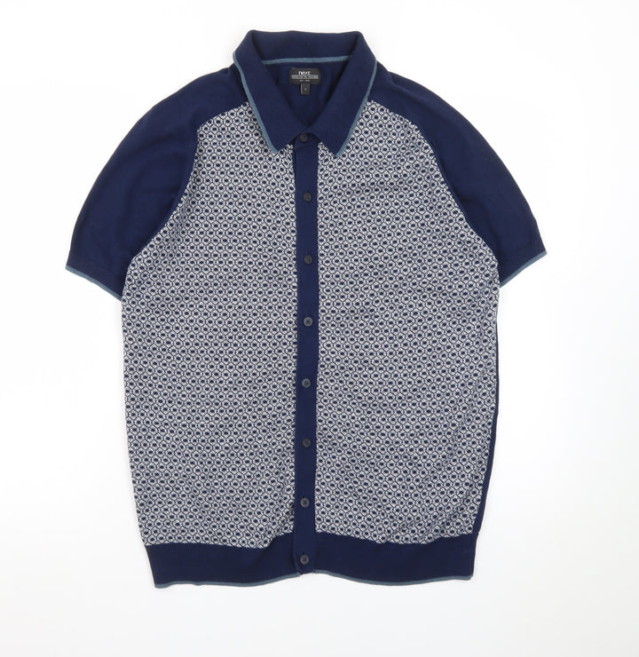 Next Men’s Blue Geometric Cotton Knit Polo Shirt Size L