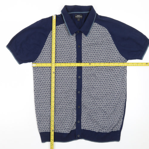 Next Men’s Blue Geometric Cotton Knit Polo Shirt Size L
