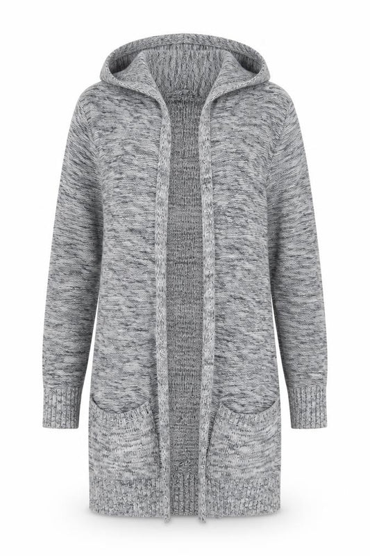 Front view of Tahari Women’s Grey Knit Hooded Long Sleeve Open Cardigan, size S