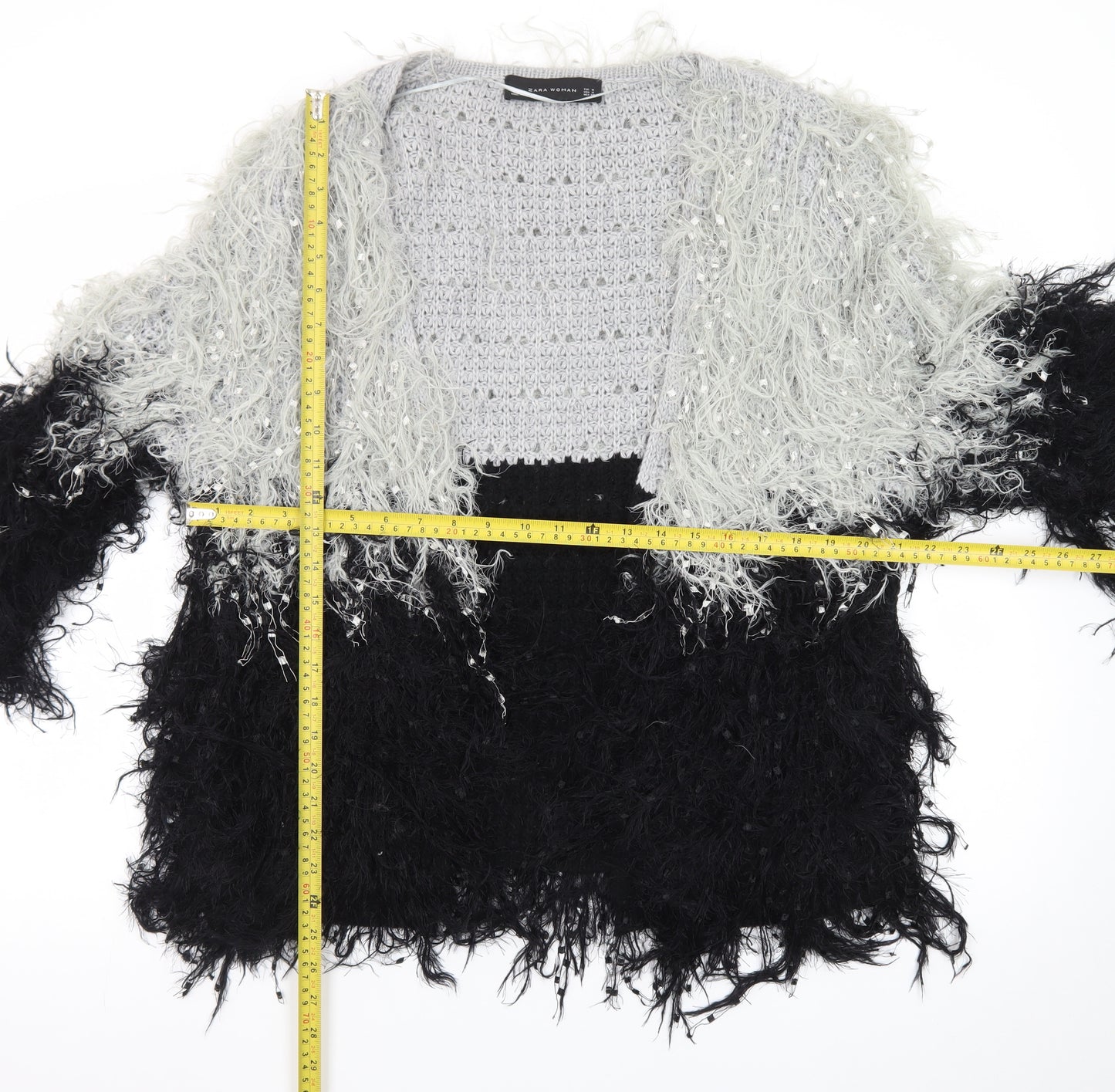 Zara Woman Black Grey Fluffy Open Knit Cardigan Women’s Size 12