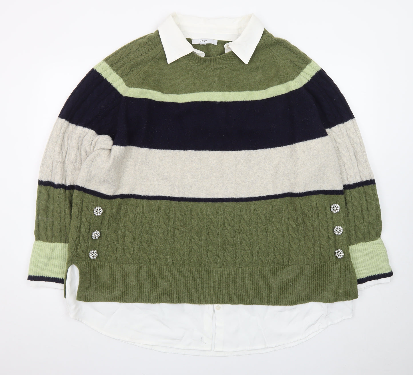 NEXT Womens Green Collared Striped Cable Knit Jumper XL