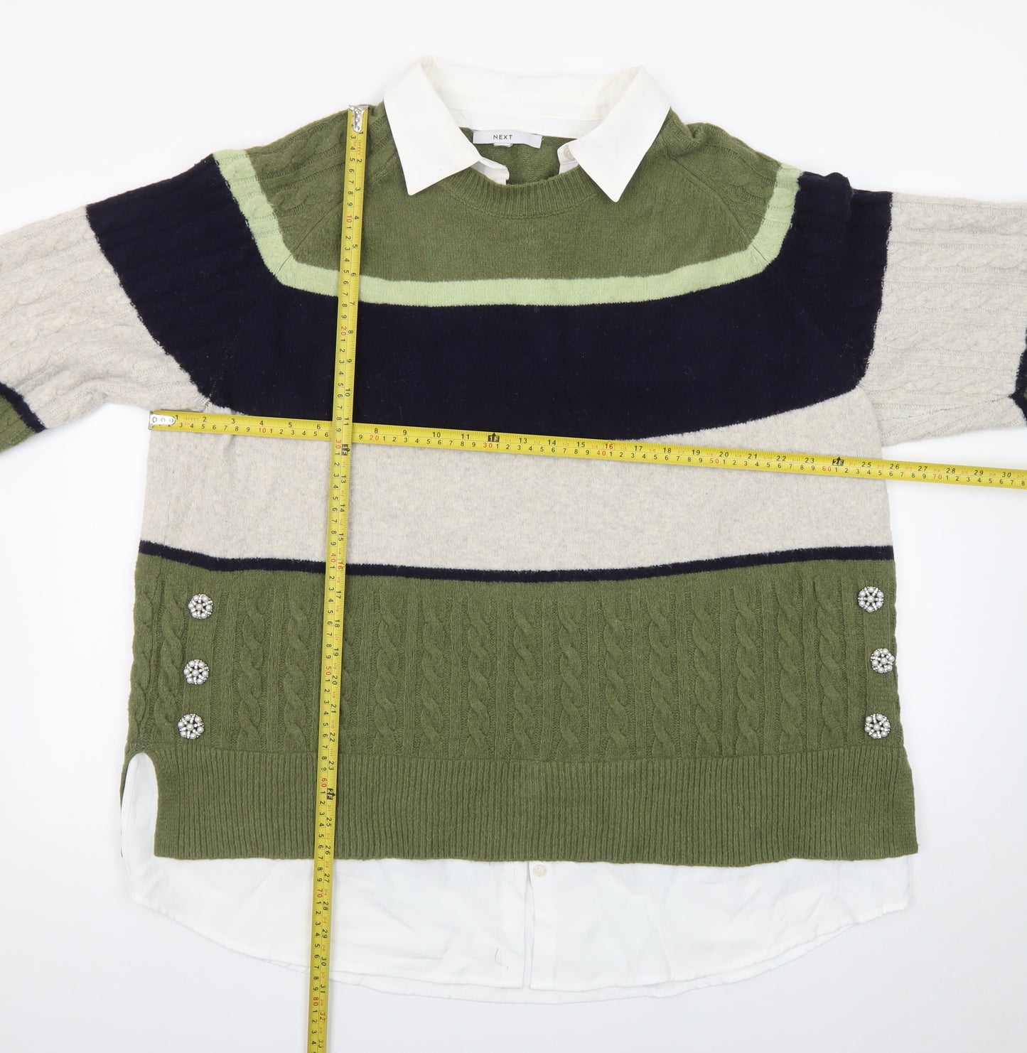 NEXT Womens Green Collared Striped Cable Knit Jumper XL