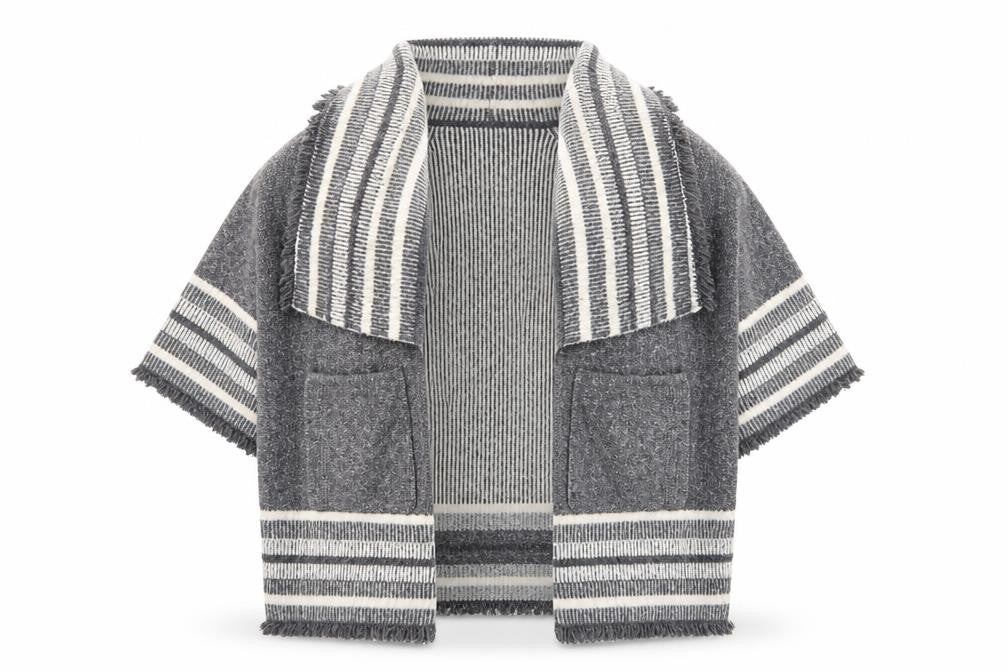 Front view of Zara Women Grey Wool Blend Striped Knit Cardigan, size S