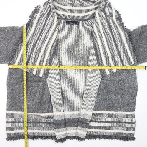 ZARA Women Grey Wool Blend Striped Knit Cardigan Size S