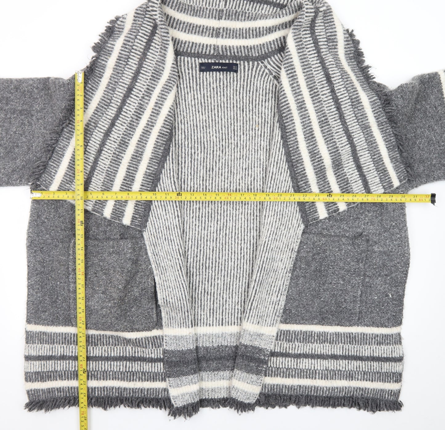 ZARA Women Grey Wool Blend Striped Knit Cardigan Size S