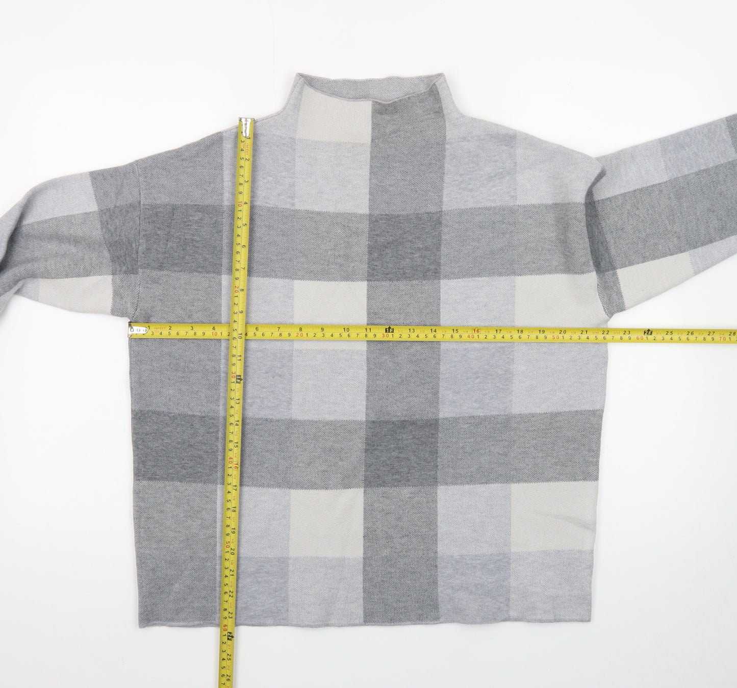 Tahari Women Grey Check Mock Neck Long Sleeve Pullover Jumper Medium