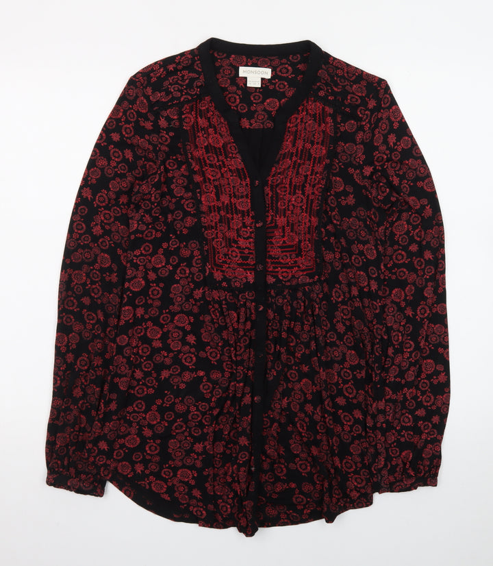 Monsoon Women’s Black Red Embroidered Floral Tunic Blouse UK 10