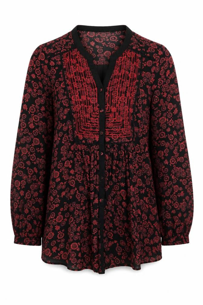 Monsoon Women’s Black Red Embroidered Floral Tunic Blouse UK 10
