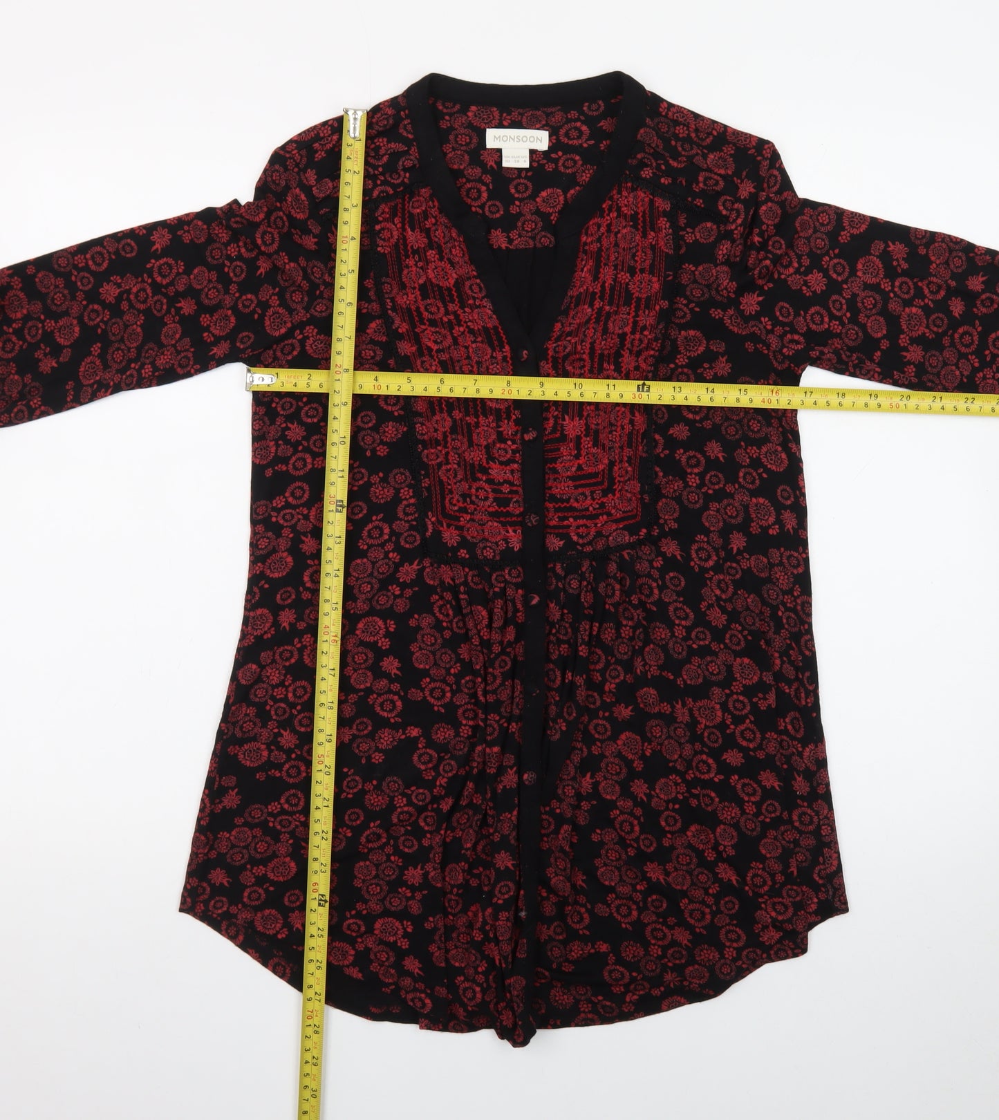 Monsoon Women’s Black Red Embroidered Floral Tunic Blouse UK 10