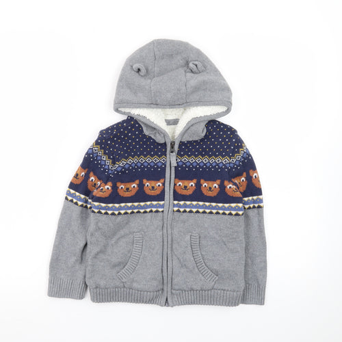 M&Co Boys Grey Full Zip Hooded Cardigan 4-5 Years Bear Fair Isle Knit