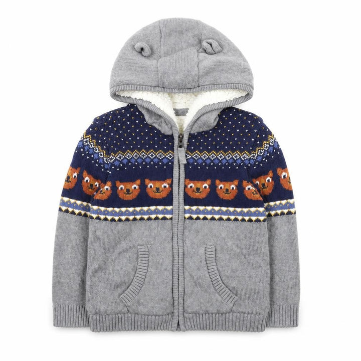 M&Co Boys Grey Full Zip Hooded Cardigan 4-5 Years Bear Fair Isle Knit