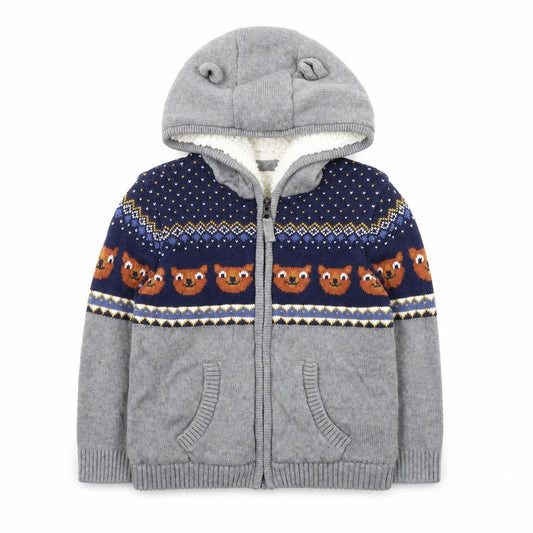M&Co Boys Grey Full Zip Hooded Cardigan 4-5 Years Bear Fair Isle Knit