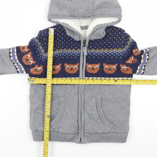 M&Co Boys Grey Full Zip Hooded Cardigan 4-5 Years Bear Fair Isle Knit