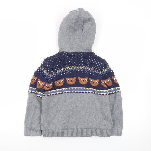 M&Co Boys Grey Full Zip Hooded Cardigan 4-5 Years Bear Fair Isle Knit