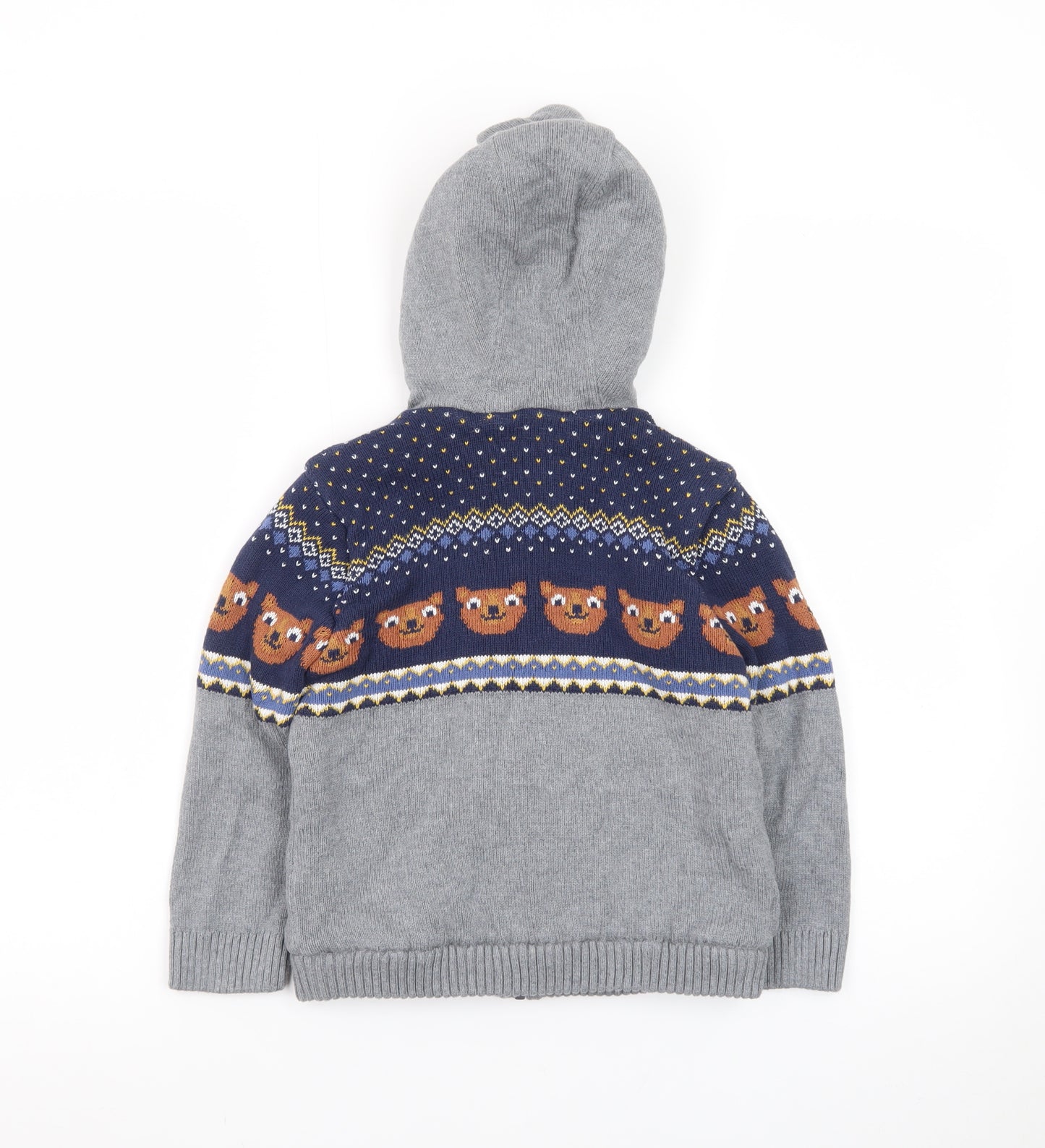 M&Co Boys Grey Full Zip Hooded Cardigan 4-5 Years Bear Fair Isle Knit