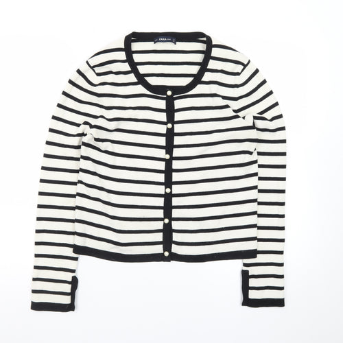 ZARA Women Black Striped Knit Cardigan Size 14 Round Neck