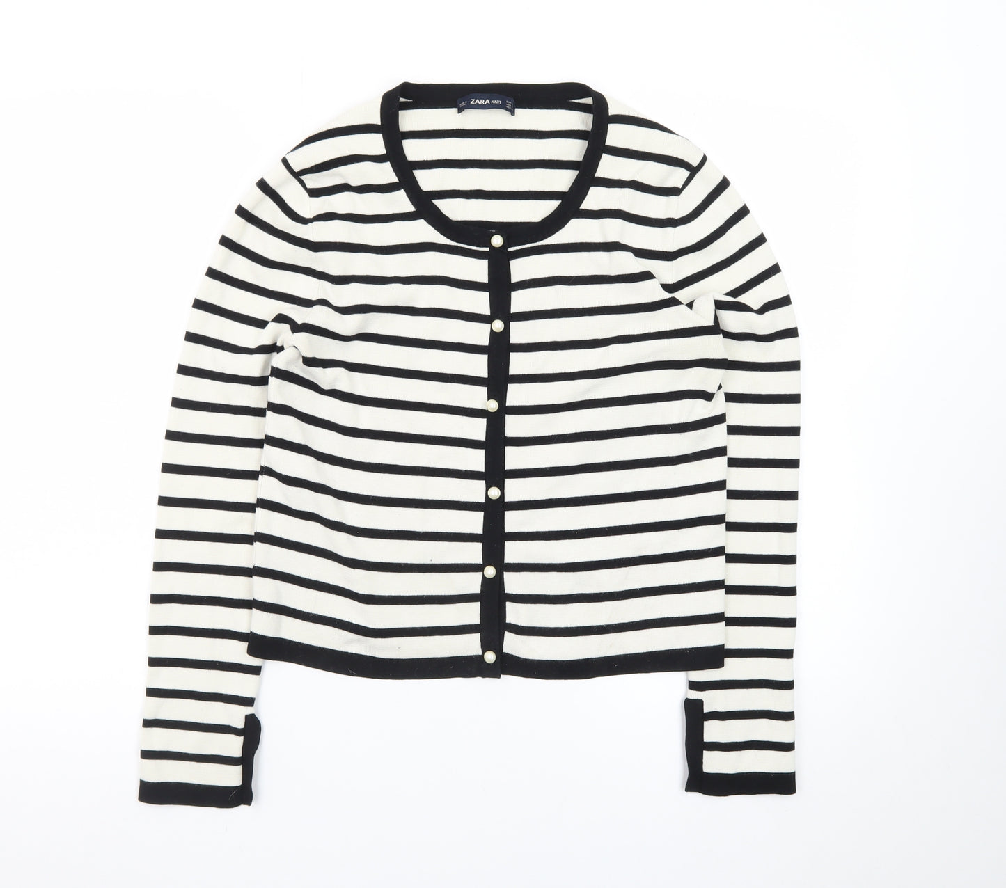 ZARA Women Black Striped Knit Cardigan Size 14 Round Neck