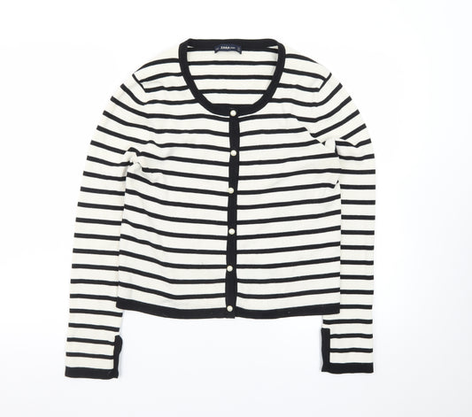 ZARA Women Black Striped Knit Cardigan Size 14 Round Neck